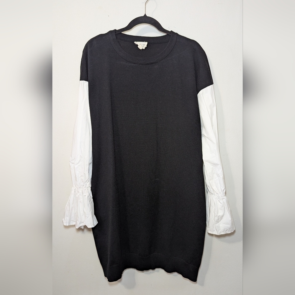 Before You With Love Black Sweater Dress Faux Layer White Poet Sleeves Size L